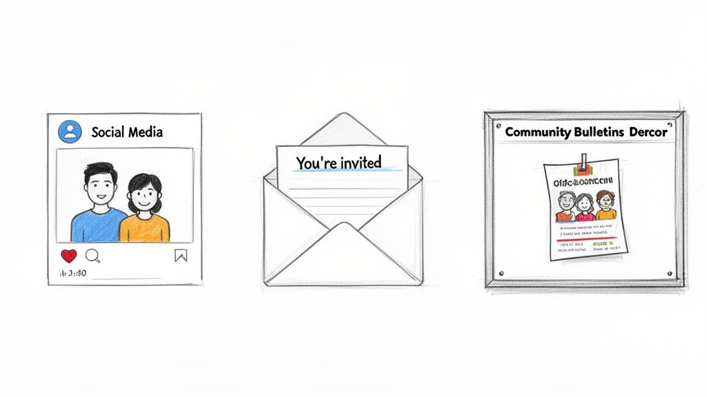 Illustrates various ways to publicize an event, including social media, email invitation, and community bulletins.