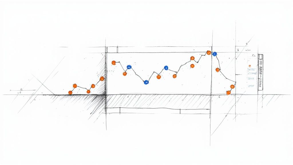 Hand-drawn sketch of a line graph with orange and blue data points on a technical drawing.