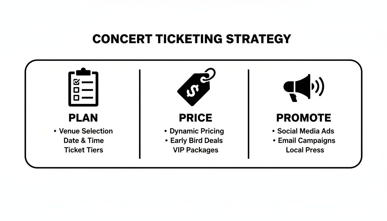 Concert ticketing strategy infographic: plan venue, price tickets, and promote with social media and email.