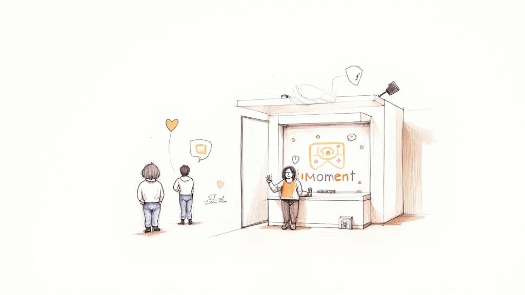 Hand-drawn illustration of people interacting with an 'iMoment' promotional booth at an event.