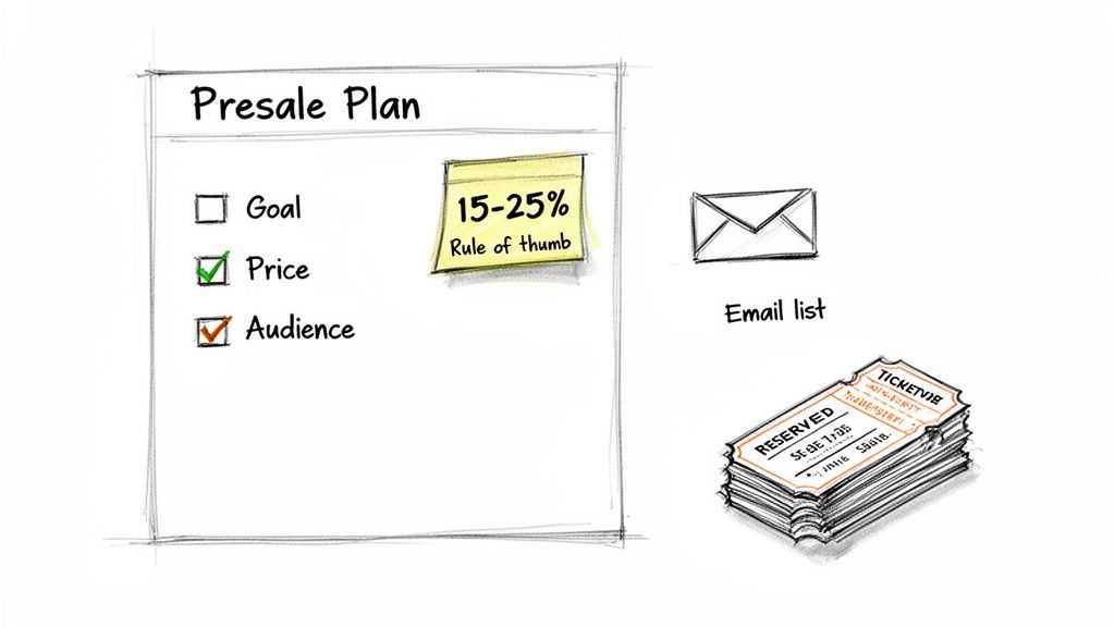 Hand-drawn presale plan checklist with price and audience marked, a rule of thumb, email list, and reserved tickets.
