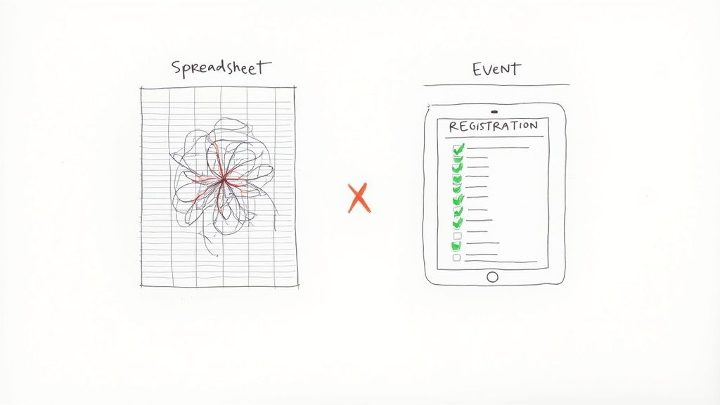A tangled spreadsheet next to a mobile app showing completed event registrations with green checkmarks.