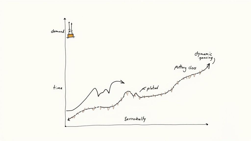 A hand-drawn graph shows fluctuating demand over time for a pottery class, illustrating dynamic pricing trends.