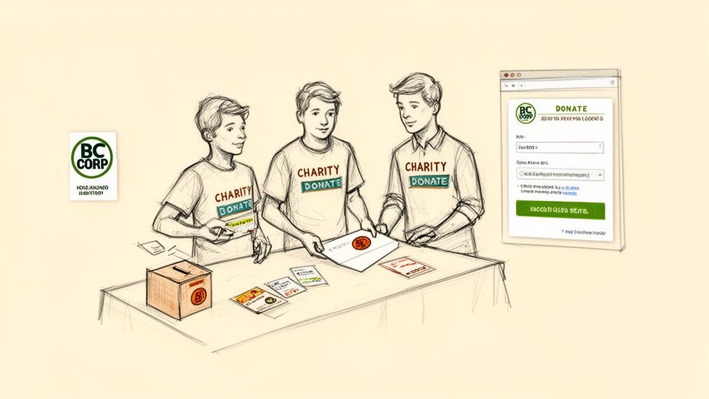 Three young men in 'CHARITY DONATE' shirts stand around a table with a donation box and an online donation form.