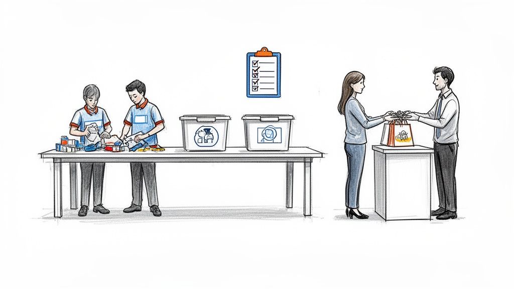 Illustration of staff preparing items and distributing goodie bags at an event.