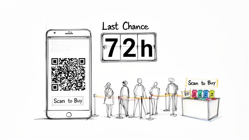 A marketing sketch: phone with QR code, 72-hour countdown, and people queuing to buy products.
