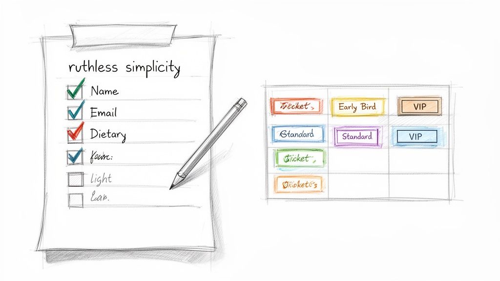 Hand-drawn sketch illustrating event registration details with a checklist and various ticket options.