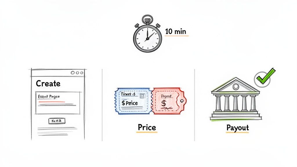 An illustration showing event creation, ticket pricing, and payout processing, highlighted with a 10-minute stopwatch.