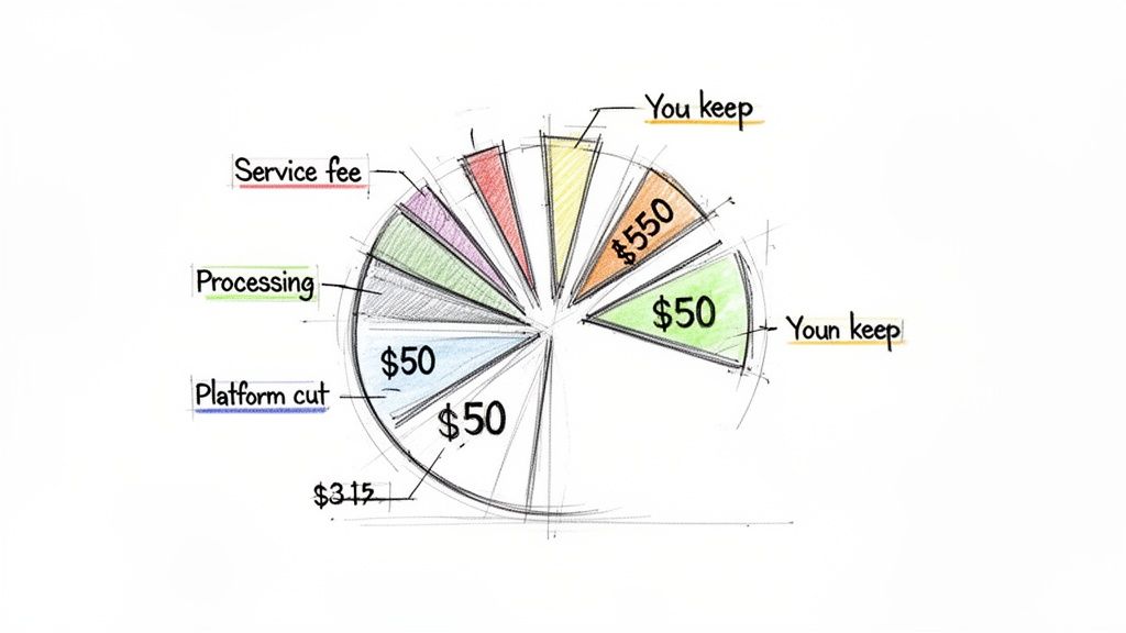 Sketch of a pie chart showing revenue breakdown including service fees, processing, platform cut, and amounts kept.