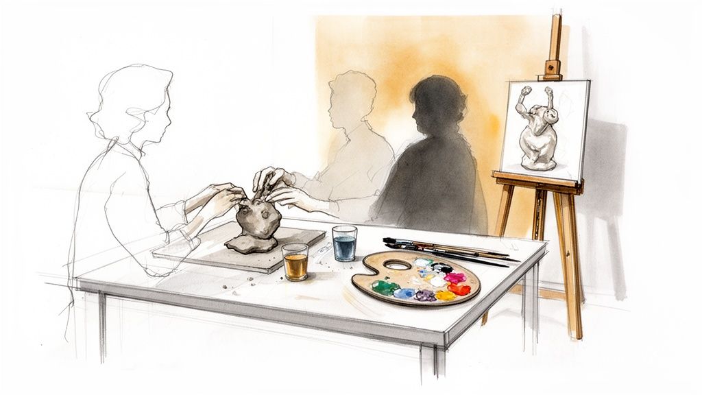 An illustration of an artist sculpting clay at a table with a painting on an easel.