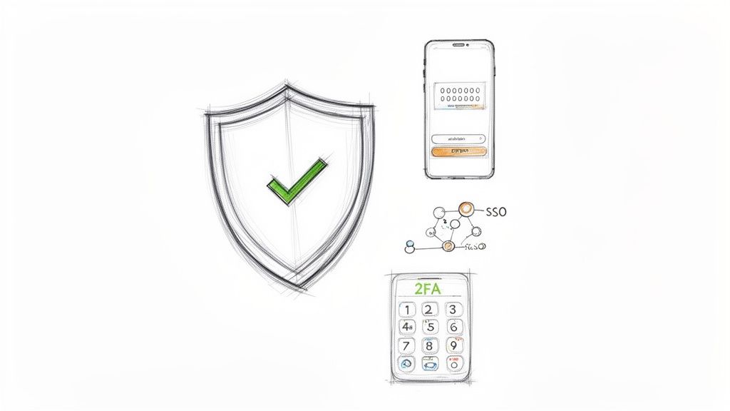 Illustrations of digital security concepts: a shield with checkmark, login screen, 2FA keypad, and SSO network.