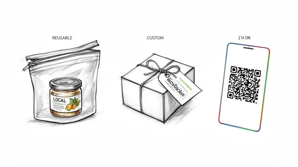 Three illustrations depicting reusable food packaging, a custom gift box, and a smartphone with a QR code.