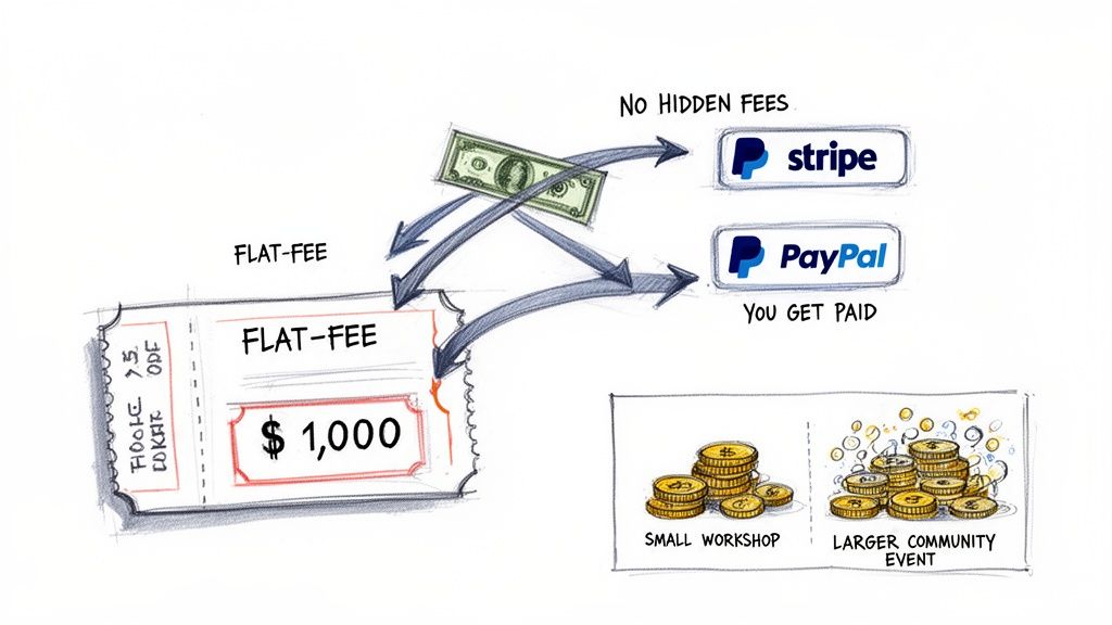 Illustration showing a flat-fee ticket for $1,000, with money flowing to Stripe and PayPal, labeled 'No Hidden Fees' and 'You Get Paid'. Below, stacks of coins represent a 'Small Workshop' and 'Larger Community Event'.