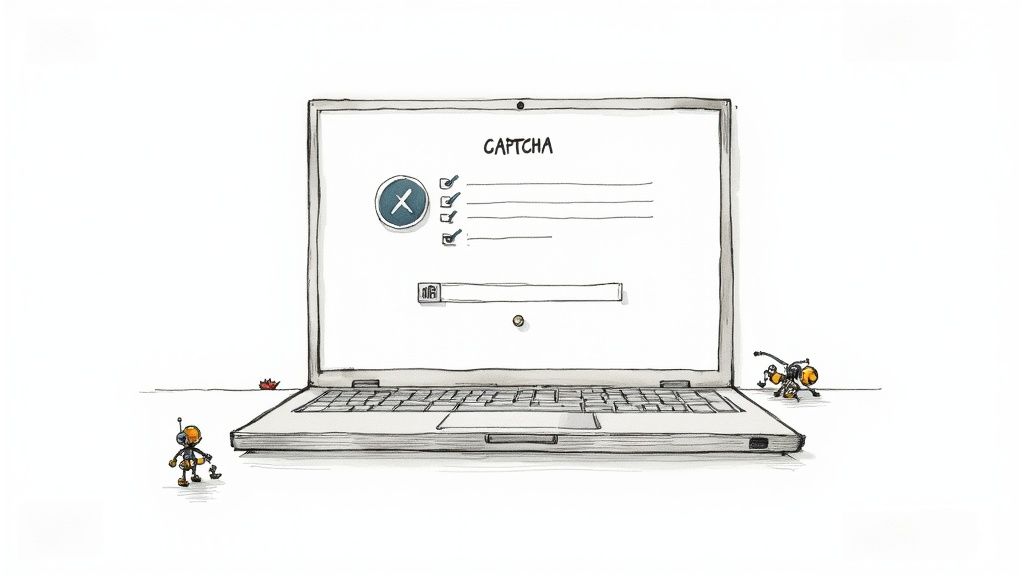 Hand-drawn illustration of robots failing a CAPTCHA challenge on a laptop screen, showing a large red X.