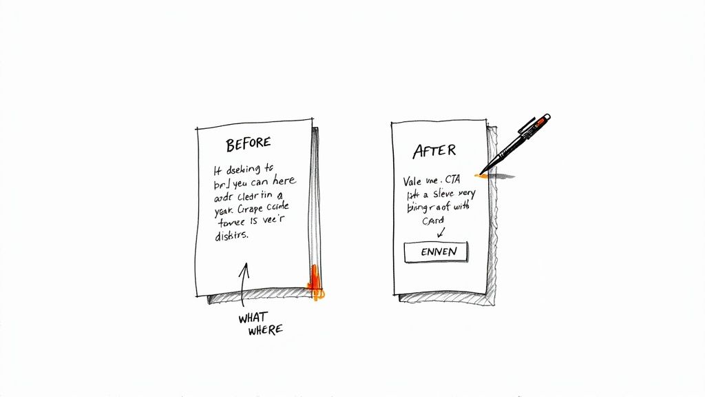 Before and after comparison showing handwritten notes transformed into digital business card design