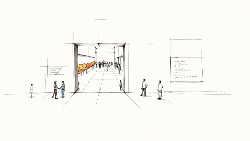 Architectural sketch of a waiting area with people interacting and rows of orange chairs.