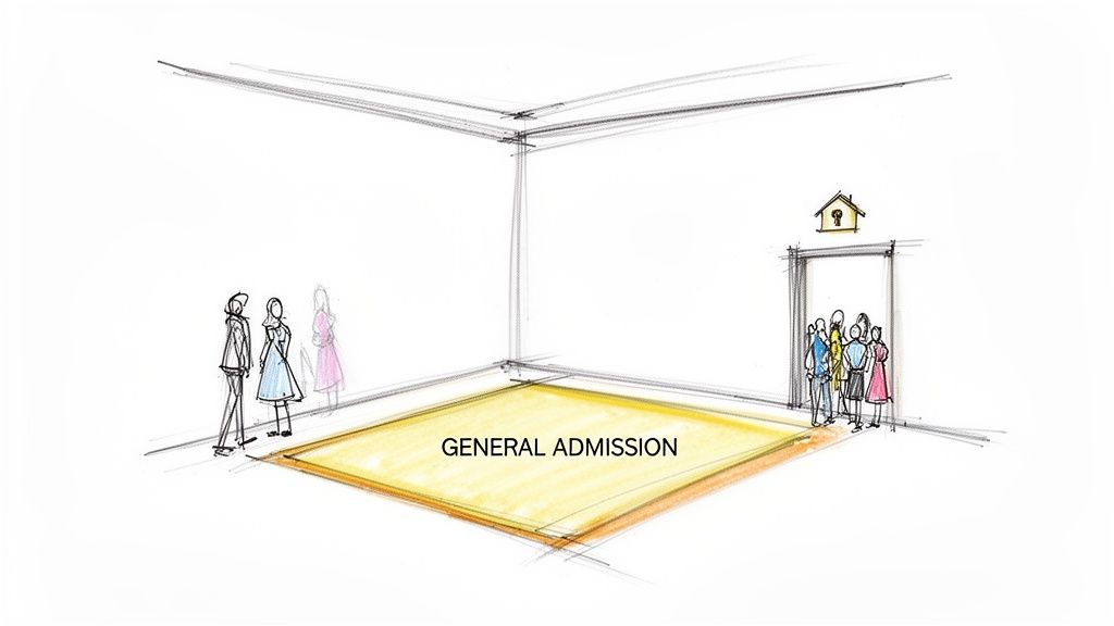 Sketch of a room with a general admission area, people waiting at a doorway, and a key icon.