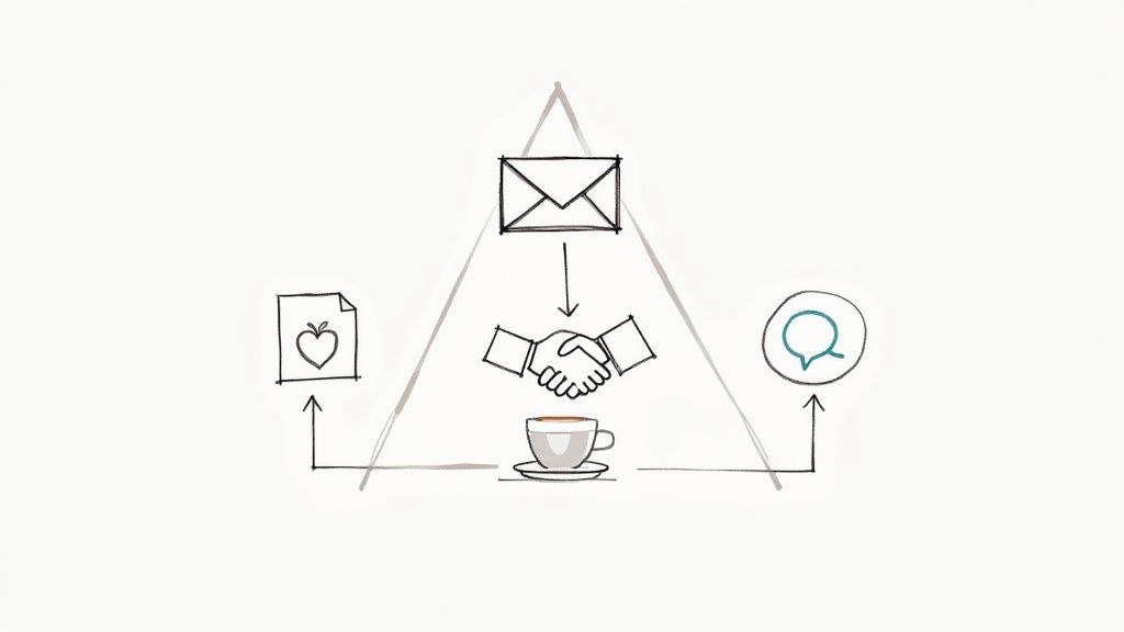 Event marketing funnel diagram showing email outreach leading to partnership handshake and attendee engagement