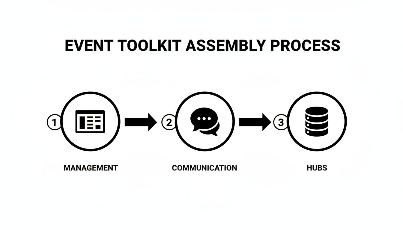 A three-step event toolkit assembly process diagram showing management, communication, and hubs with icons.