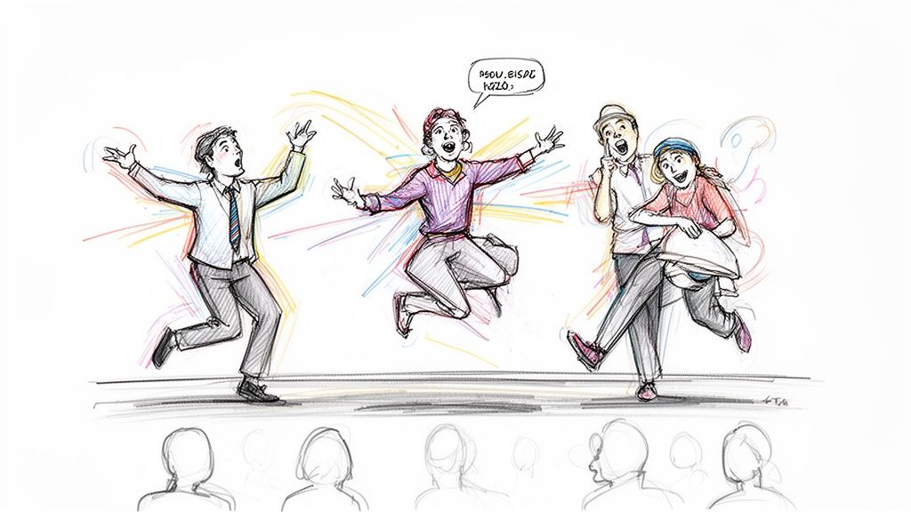 Lively cartoon sketch of four enthusiastic performers on a stage in front of an audience.