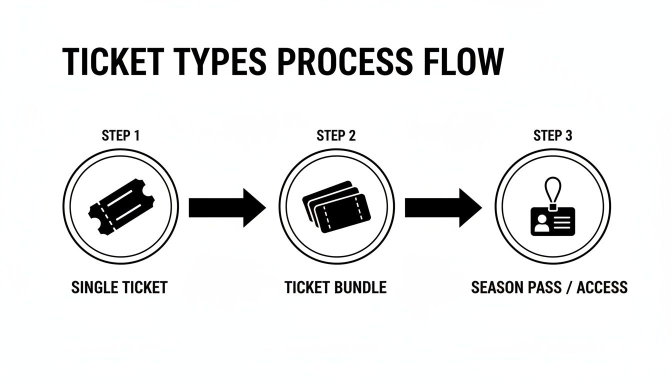 A process flow diagram illustrating different ticket types: single ticket, ticket bundle, and season pass access.