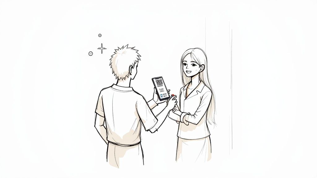 Two people interacting with a smartphone displaying a QR code, likely for a digital transaction.