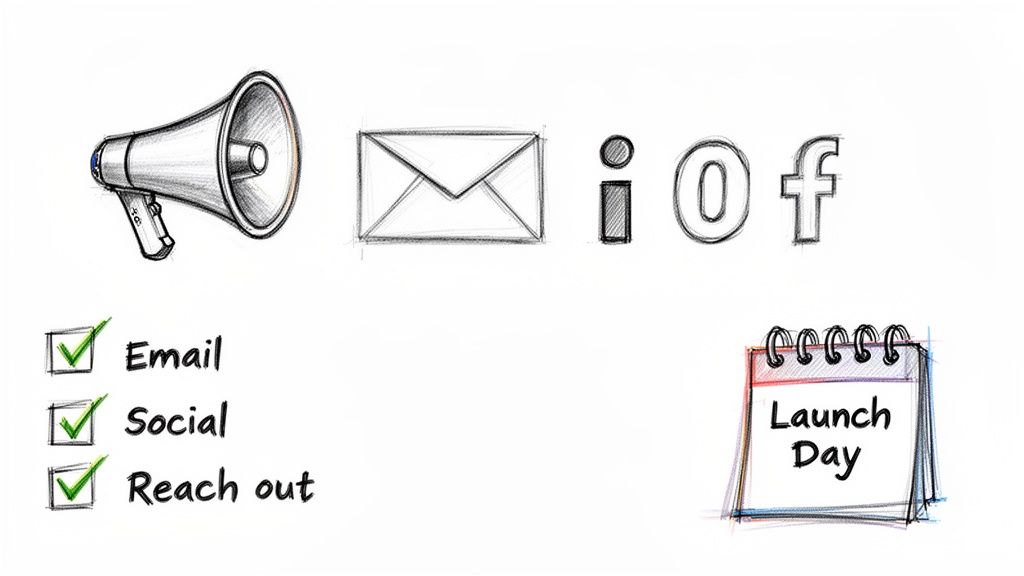 Sketched marketing and launch strategy with megaphone, email, social icons, and a 'Launch Day' calendar.