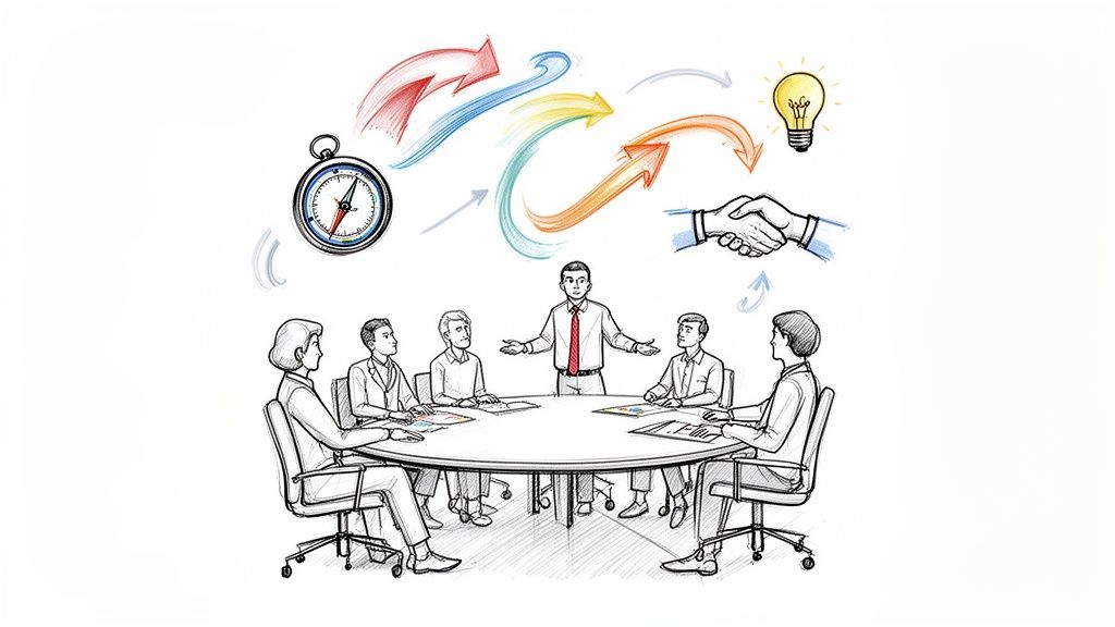 A hand-drawn illustration of a business meeting with people around a table, surrounded by icons of strategy, ideas, and collaboration.