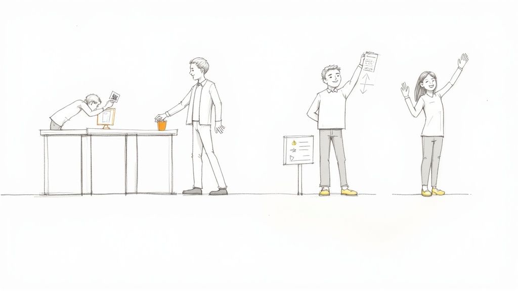 Four people in different stages of event planning and ticket sales process illustration