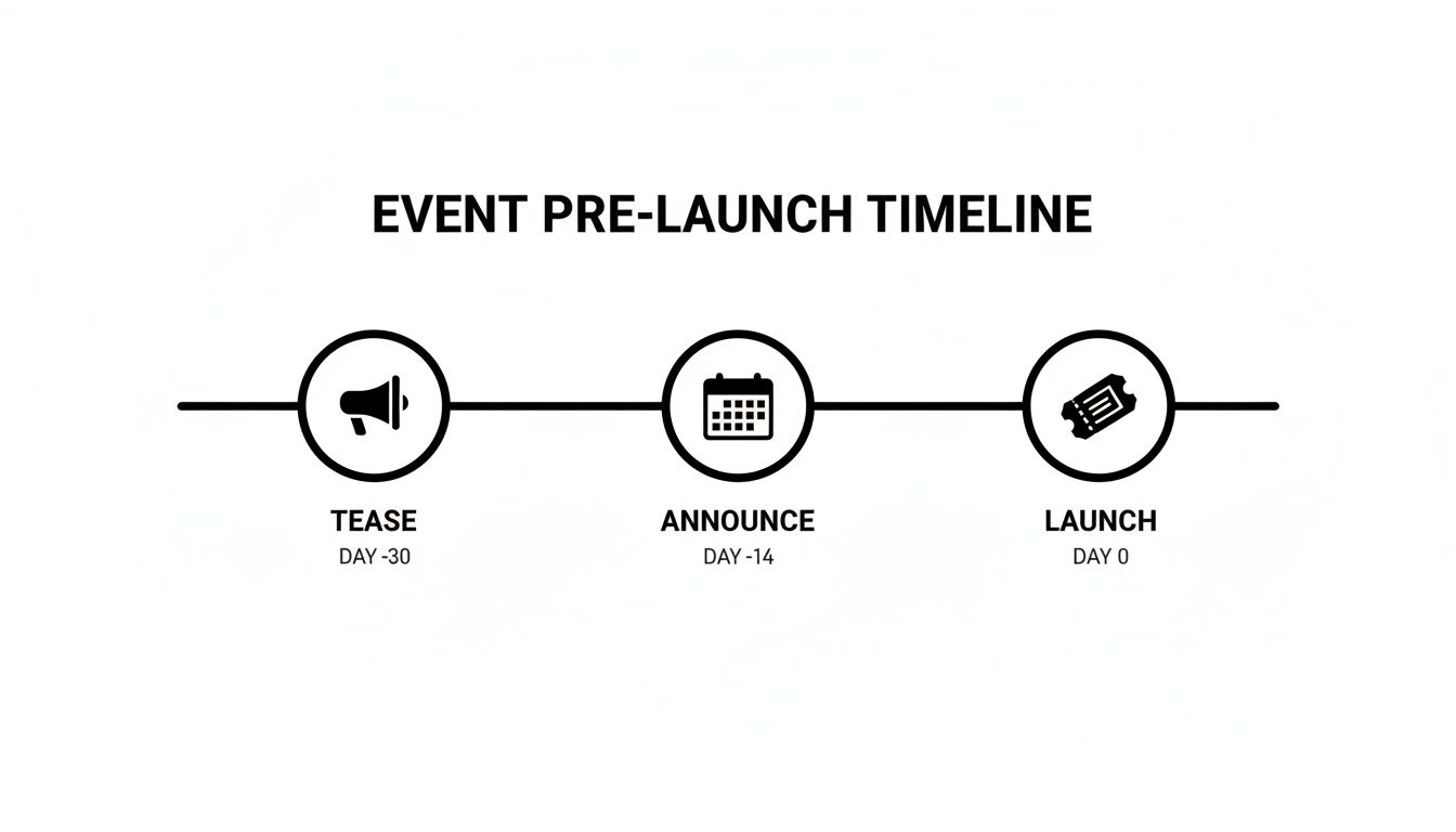 An event pre-launch timeline showing Tease (Day -30), Announce (Day -14), and Launch (Day 0).