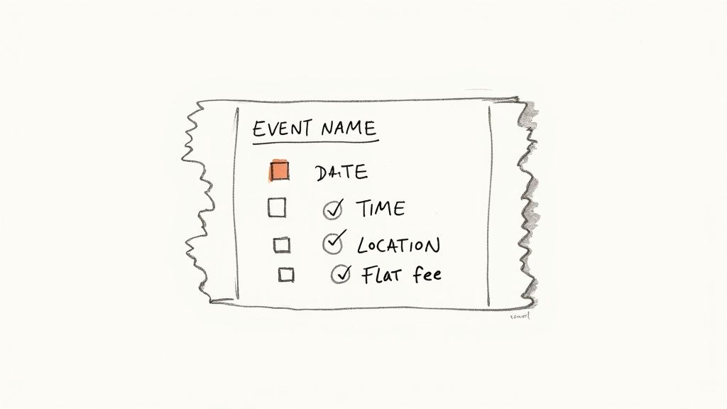 A hand-drawn checklist for an event, showing date, time, location, and flat fee options.