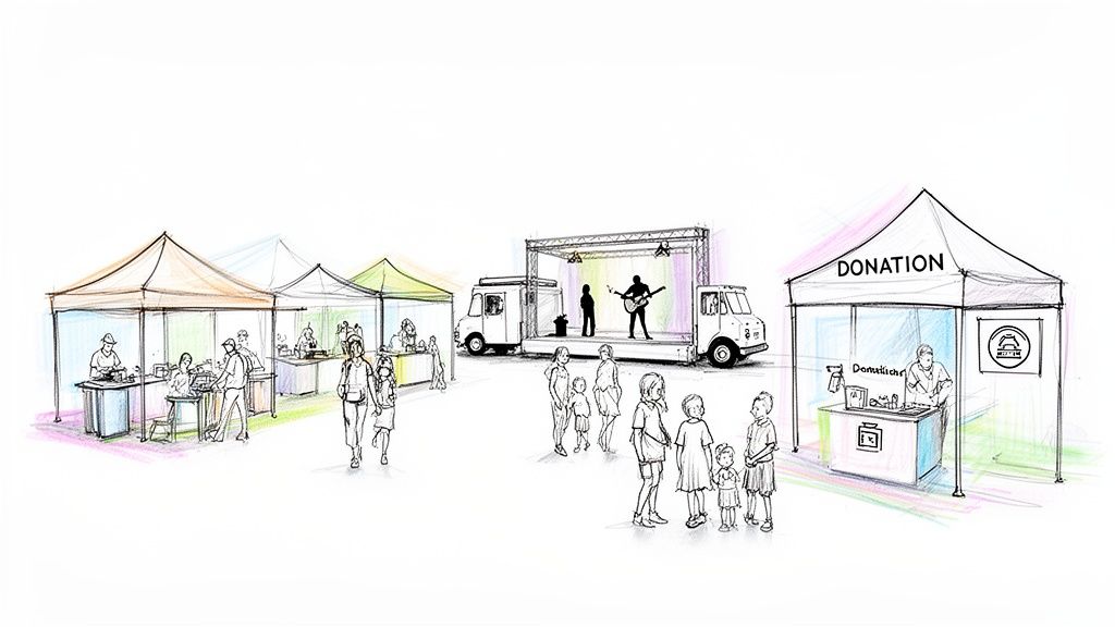 Sketch of an outdoor charity fundraising event with tents, food stalls, a music stage, and people.