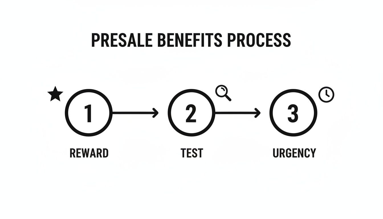 A 'PRESALE BENEFITS PROCESS' flowchart illustrates three steps: Reward, Test, and Urgency with icons.