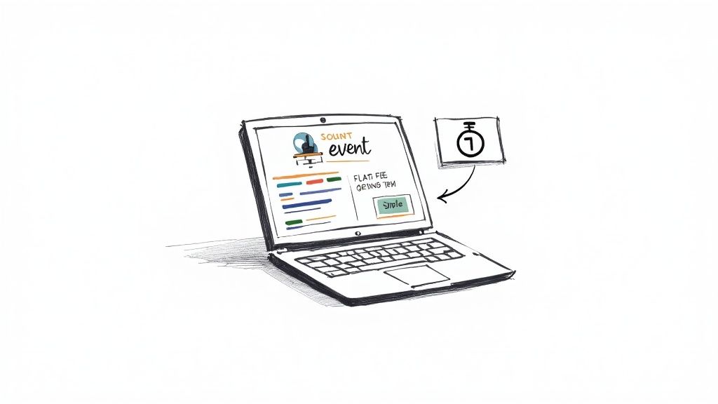 A hand-drawn sketch of a laptop displaying an event website with a timer icon and an arrow pointing to it.