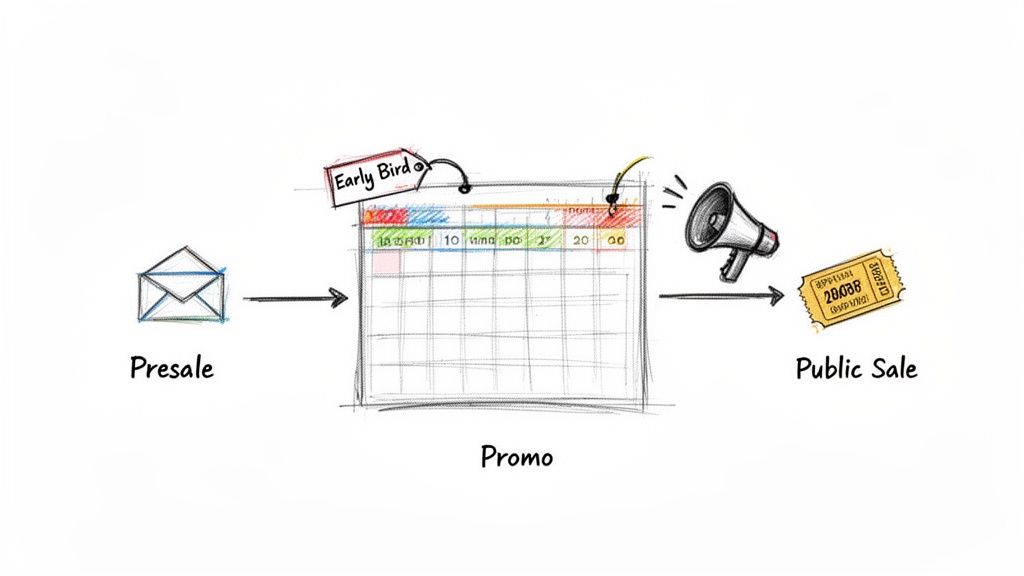 A hand-drawn diagram showing the progression from presale through promotional stages with early bird offers to public sale tickets.