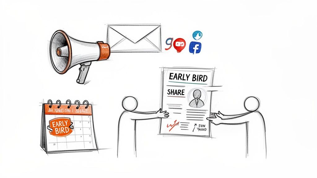 An illustration showing marketing channels like megaphone, email, social media, a calendar, and an 'EARLY BIRD SHARE' document.
