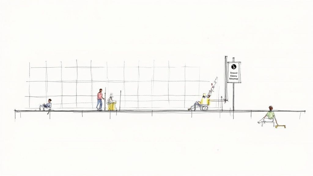 An architectural sketch showing diverse people on a sidewalk, including one in a specialized wheelchair, near a 'Demand Driven Reconfiguration' sign.