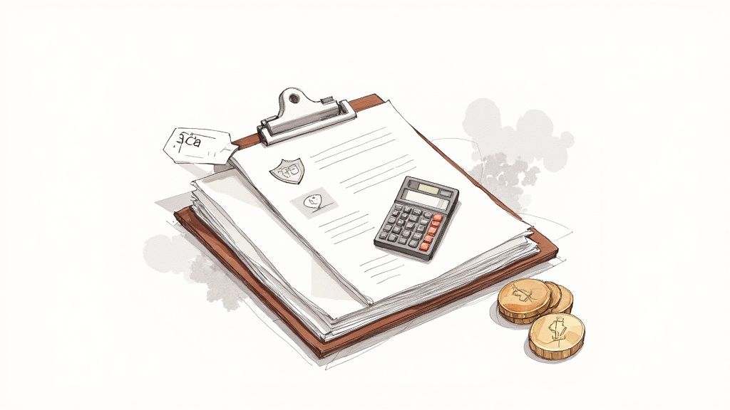 A stylized illustration showing financial tools: a clipboard with papers, a calculator, and three dollar coins.