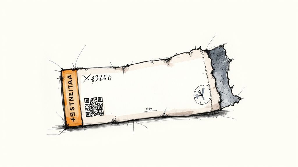 A stack of freshly printed concert tickets with bold, modern typography.