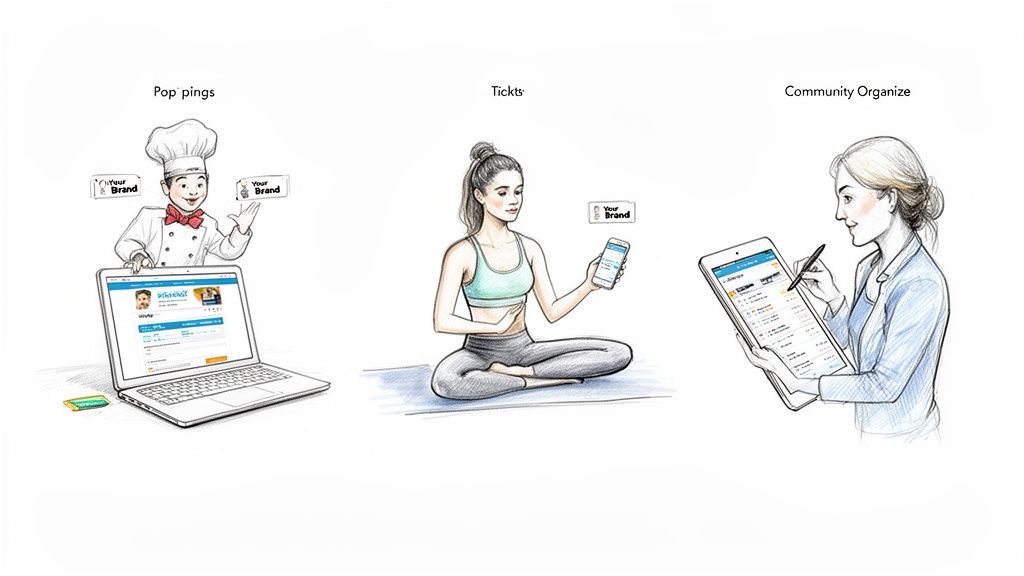 Three illustrations depict a chef with a laptop, a woman with a phone, and a woman organizing on a tablet.