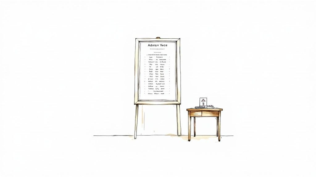 A hand-drawn illustration featuring a whiteboard with a seating chart and a small wooden table.