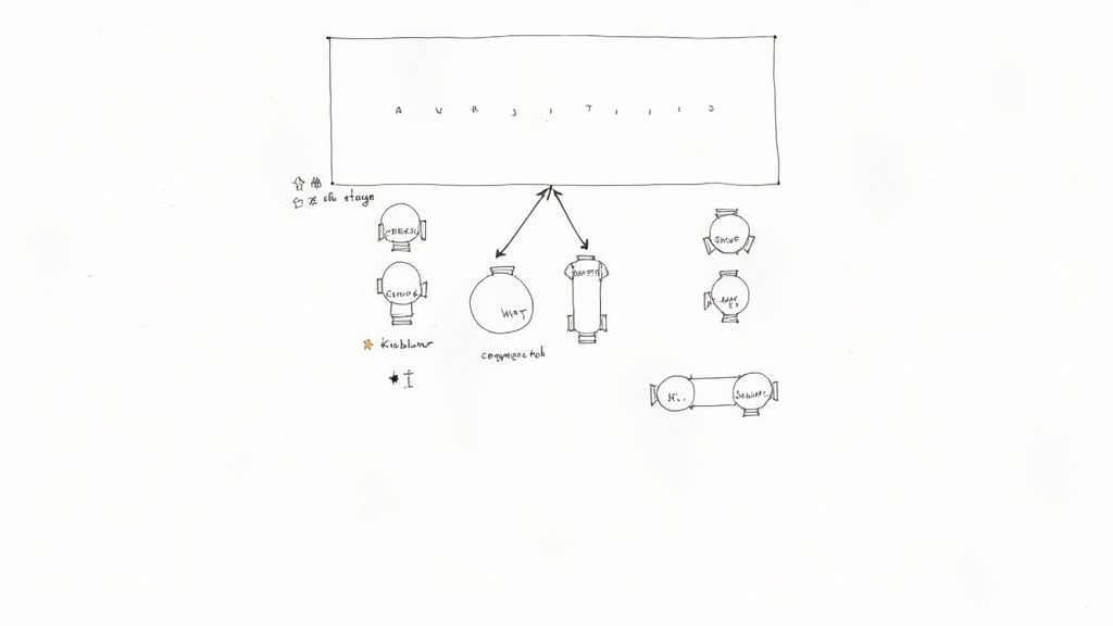 Hand-drawn diagram of an event seating chart featuring a stage and various labeled table arrangements.