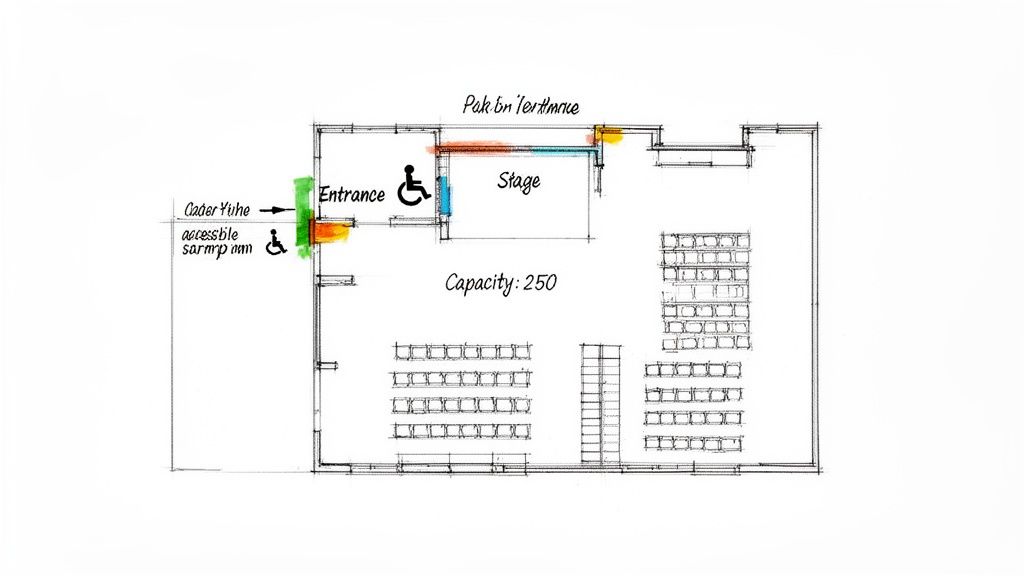 Floor plan of an event space showing stage, seating, accessible entrance, and a capacity of 250.