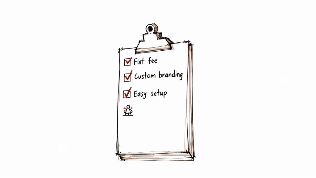 A hand-drawn clipboard displays a checklist with 'Flat fee', 'Custom branding', and 'Easy setup' all checked, with a small person icon below.