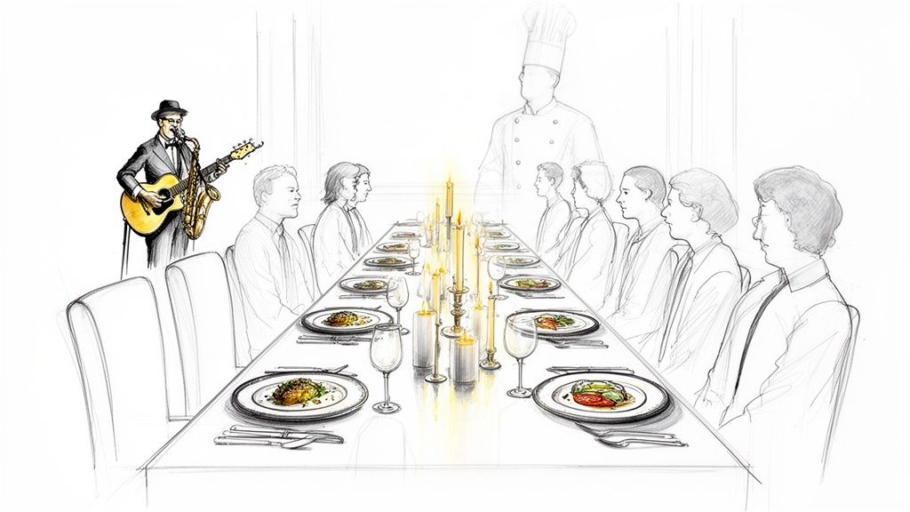 An illustration of a formal dinner party with guests, a musician playing saxophone and guitar, and a chef's silhouette.