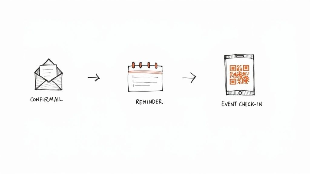 Three steps: email confirmation, calendar reminder, and event check-in using a QR code.
