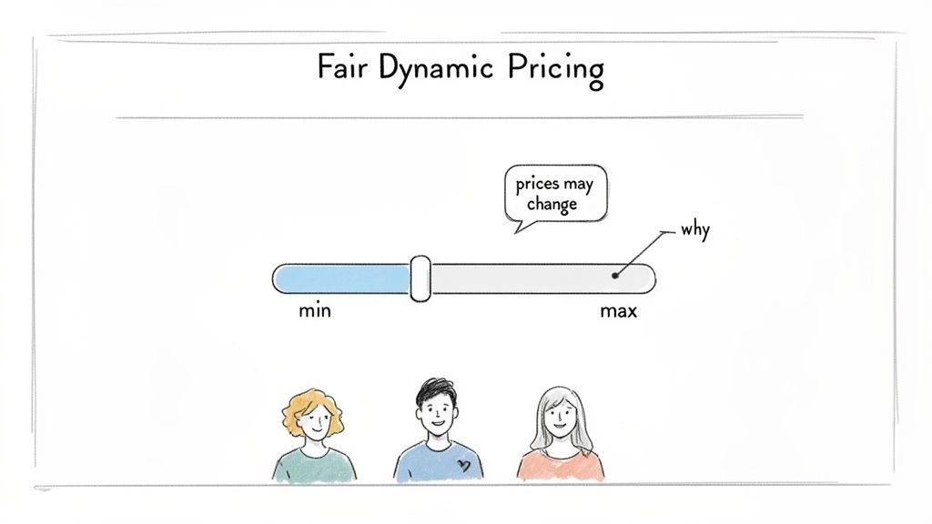 Illustration showing a 'Fair Dynamic Pricing' slider with min and max points, an explanation for price changes, and three people below.