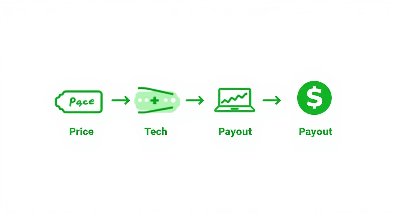 Infographic timeline showing the event tech process: setting a price with a ticket icon, using tech with a laptop icon, and getting paid with a coins icon.