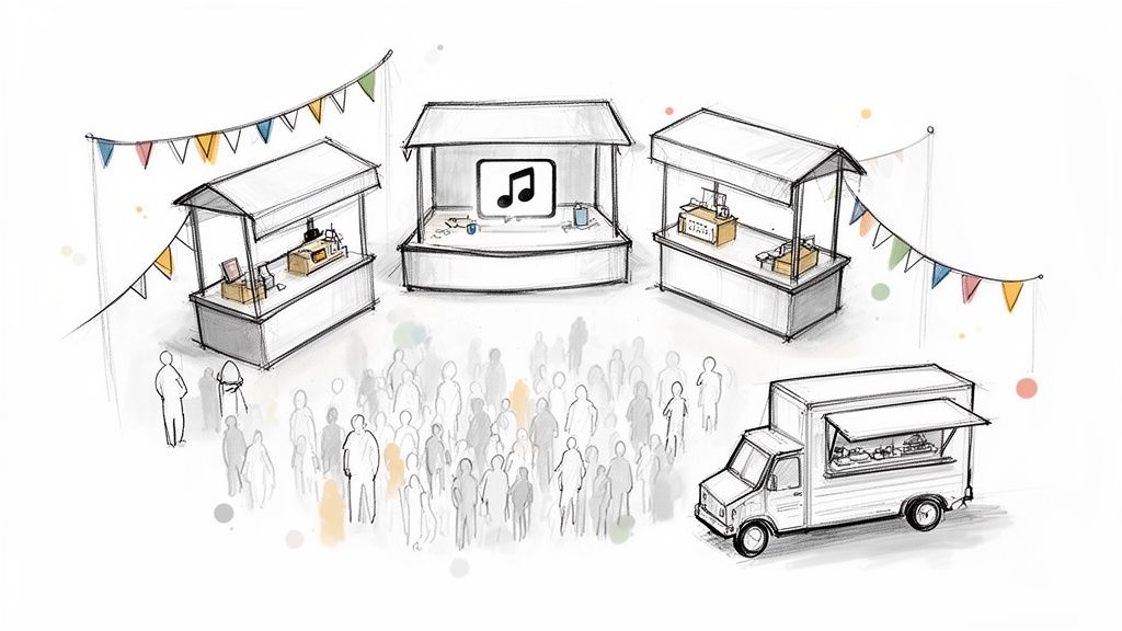 Sketch of an outdoor festival with various market stalls, a food truck, and a crowd of people under colorful banners.