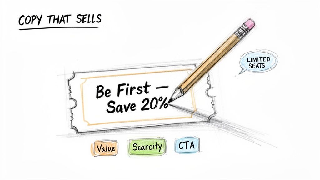 A pencil draws a ticket offering 'Be First - Save 20%', illustrating sales copy with value, scarcity, and CTA.